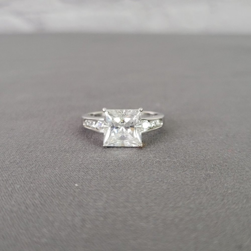 Sparkling Silver 4ct Princess Cut w/ Round Side Stones CZ Engagement Ring, Sz 9 - Picture 10 of 14